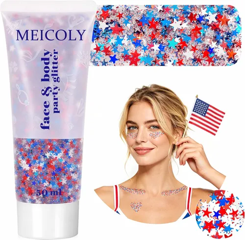 MEICOLY 50g Star Shaped Red White and Blue Body Glitter Face Glitter Gel, Patriotic Accessories Hair Glitter for 4th of July Outfits for Women,