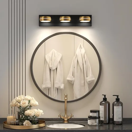 Vista 2 de Lámparas LED de latón para baño, lámparas de baño modernas de 3 luces negras para espejo de interior dorado de 20.3 pulgadas, apliques de pared