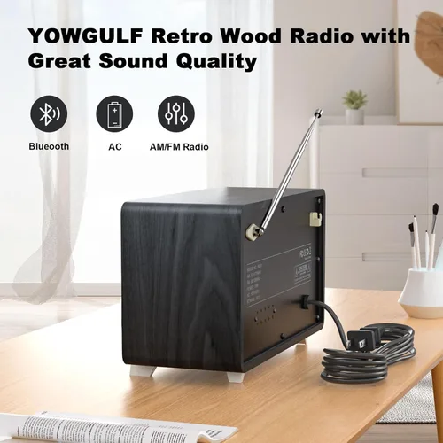 Vista 5 de YOWGUIF - Radio AM FM clásica retro de madera para mesa, altavoces Bluetooth, radios enchufables de pared con perilla giratoria, ideal para el hogar