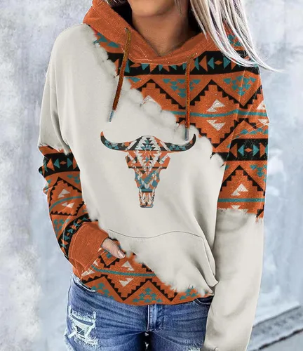 Vista 5 de Lanaoree Sudadera con Capucha Pullover para Mujer con Estampado Geométrico de Caballo Azteca Vaquera Occidental Étnica con Estampado de Rombos