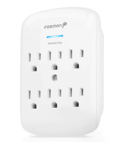 Fosmon Protector de sobretensiones de montaje en pared de 6 tomas, supresión de sobretensiones de 3 clavijas, 1200 julios, 15 A, 125 VCA, 60 Hz,