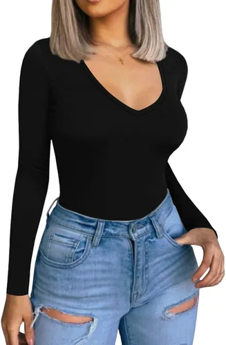 Vista 2 de MANGOPOP - Camiseta de manga corta entallada con cuello en V para mujer