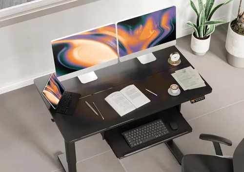 Vista 2 de Claiks Escritorio de pie con bandeja para teclado, escritorio de pie de altura ajustable, escritorios elevados para oficina en casa y estación