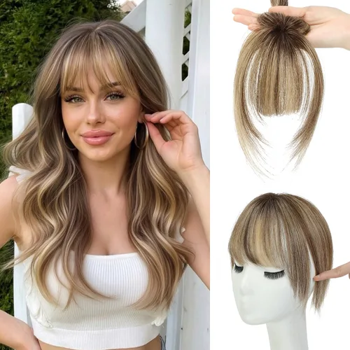 Vista 9 de Ms Taj Flequillo de cobertura de 360° de cabello humano real, extensiones de cabello con clip de aspecto natural para mujer, flequillo falso