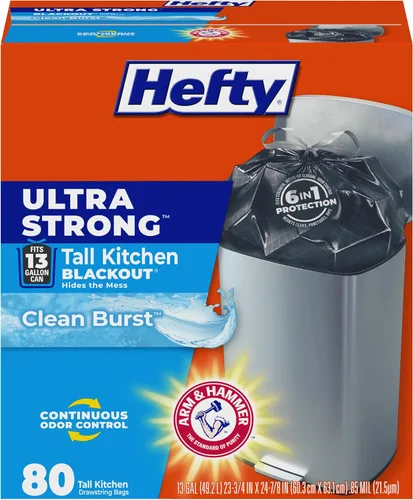 Hefty Bolsas de basura ultra fuertes de 13 galones, bolsas de basura negras altas para cocina de 13 galones, cierre con cordón resistente a roturas,