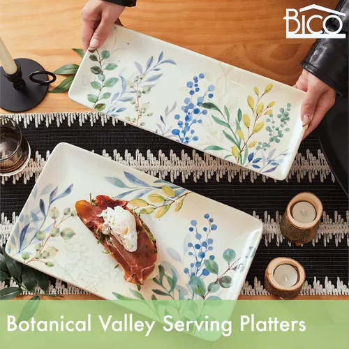 Vista 2 de Bico Botanical Valley - Juego de 2 platos rectangulares de cerámica de 14 pulgadas, para servir ensalada, pasta, queso, jamón, aperitivo, microondas