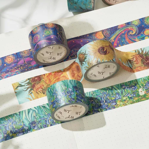Vista 2 de Juego de cinta washi WT Van Gogh, diseño original, 3 rollos, lámina dorada, cinta adhesiva decorativa de 30mm de ancho, suministros