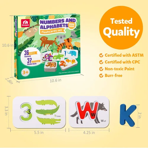 Vista 7 de Coogam Juego de Tarjetas Flash de Números y Alfabetos - Letras y Números de Madera ABC y Tablero con Patrón de Animales Juego de Rompecabezas