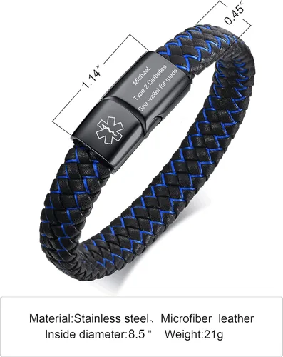 Vista 5 de VNOX - Pulsera de cuero trenzado azul con símbolo médico Caduceo y broche magnético, de 6 a 8.3 pulgadas