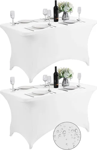 Vista 9 de SuperO - Paquete de 2 manteles de elastano impermeables para mesas de 6 pies, mantel elástico universal ajustable para fiestas, banquetes, bodas