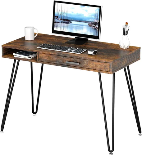 Vista 20 de SHW Escritorio de patas con horquilla para computadora de oficina en casa con cajón, color negro