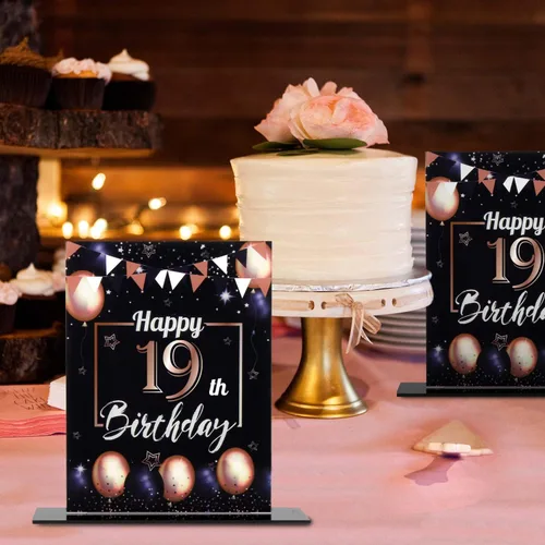 Vista 42 de LINGTEER Decoración de cumpleaños, soporte para globos, centros de mesa de acrílico, póster impreso de feliz 50 cumpleaños, centros de mesa de Negro