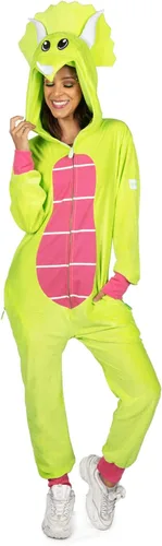 Tipsy Elves Cute Dinosaur Halloween Costume Jumpsuit Green and Pink Triceratops with Stuffed Animal Style Hood for Women