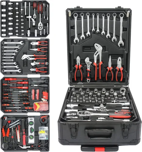 Vista 3 de Caja de herramientas de mano con juego de herramientas de 4 niveles y ruedas, organizador de herramientas de mano resistente de aluminio con bloqueo