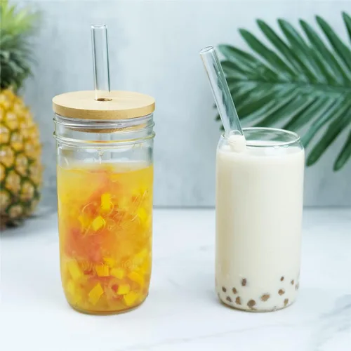 Vista 5 de 10 popotes Boba de vidrio reutilizables, 0.354 x 0.551 in de ancho, para té de burbujas, batidos, juego de 5 rectas y 5 dobladas con 2 cepillos