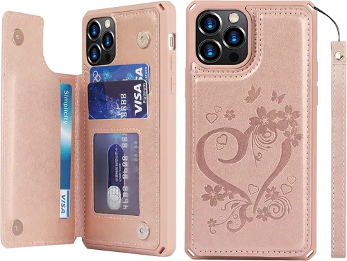 Vista 22 de iCoverCase Compatible con iPhone 12/12 Pro Wallet Funda para teléfono con tarjetero para mujer, bloqueo RFID en relieve de piel sintética con correa