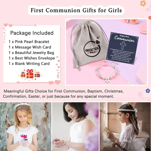 Vista 6 de UNGENT THEM Pulsera de perlas rosas y diamantes de imitación, regalos de primera comunión, regalos de bautismo para niñas