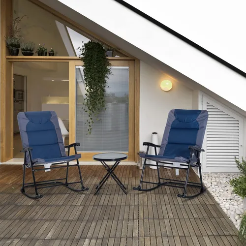 Vista 2 de Outsunny Juego de 3 muebles de patio al aire libre con mesa de centro de cristal y 2 sillas mecedoras acolchadas plegables, estilo bistró