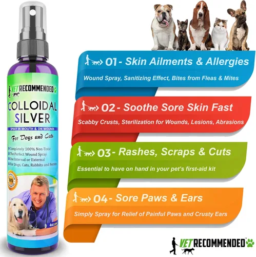 Vista 4 de Vet Recommended - Plata coloidal para perros y gatos - (4 oz/4.1 fl oz) - Spray de plata coloidal que funciona como solución natural para puntos