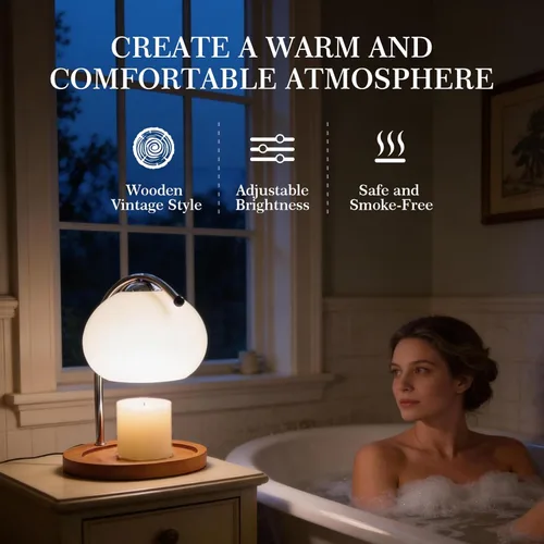 Vista 5 de Topyond Lámpara de fusión de cera aromática, bandeja de almacenamiento de madera retro, calentador de velas de vidrio, lámpara de escritorio