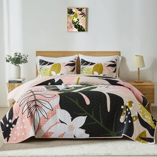 Vista 8 de Yogeneg Juego de ropa de cama Queen con patrón botánico blanco y verde, juego de edredón de 3 piezas ligero y suave de verano con 2 fundas