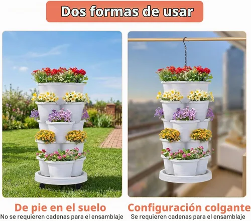 Vista 8 de VECELO Macetero vertical de 5 niveles, apilables, con ruedas para fresas, hierbas, flores, verduras, color negro