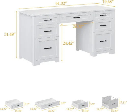 Vista 2 de Vabches Farmhouse 61'' Executive Desk with 7 Drawers, Rustic Office Desk Computer Table with File Drawers, Wood Workstation for Home Office and
