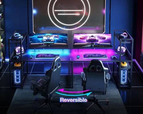 Vista 13 de ODK Escritorio reversible para juegos de 55 pulgadas con puerto de carga USB y luces LED, escritorio para computadora con estantes de almacenamiento