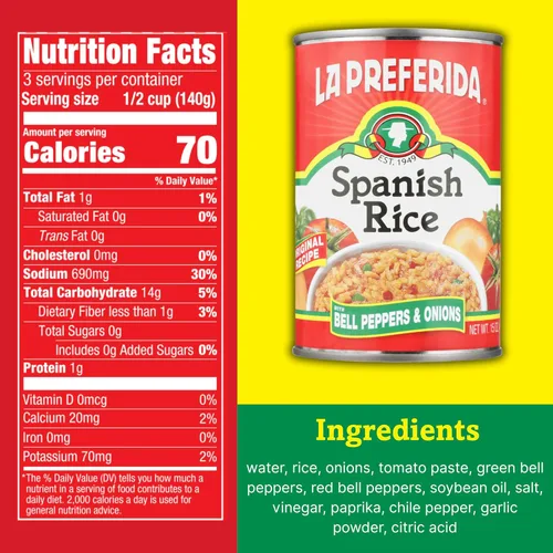 Vista 2 de La Preferida Arroz español enlatado, rápida y fácil, salsa robusta de tomates, pimiento y cebolla. Ingredientes veganos, naturales, 15 onzas