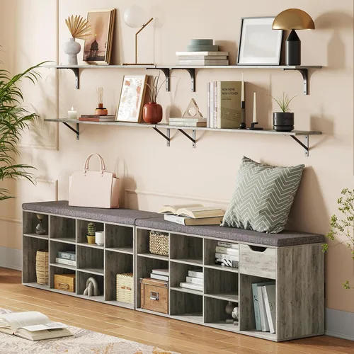 Vista 2 de DINZI LVJ Shoe Bench, 12 Cubbies Shoe Organizer for Entryway, Storage Bench with Cushion, Cubby Shoe Rack with Adjustable Shelves for Living Room