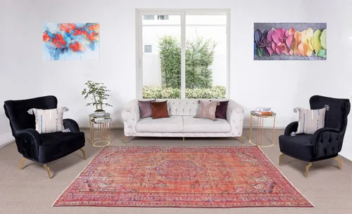 Vista 2 de 5.7x9 Ft 1960s Orange Over-Dyed Rug for Modern Interiors, Turkish Handmade Carpet
