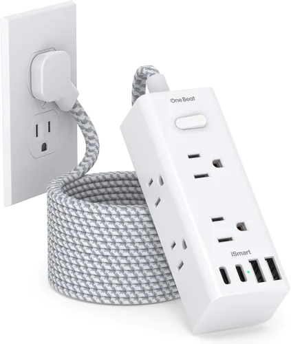 Vista 9 de Cable de extensión de 5 pies con múltiples tomas, regleta de alimentación de enchufe plano con cable de 5 pies de largo, 6 tomas de corriente, 3