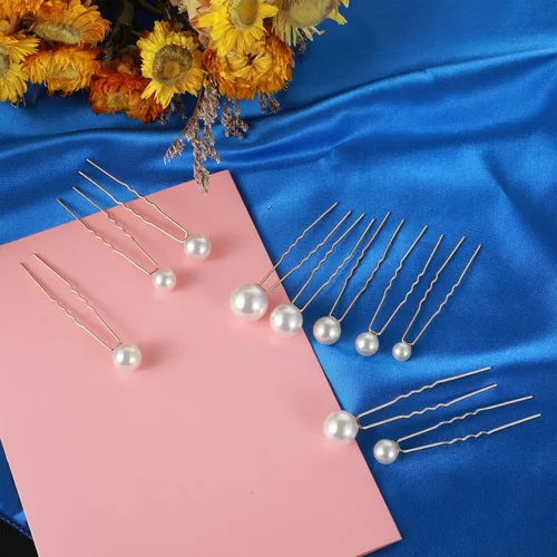 Vista 7 de 18 piezas de accesorios para el cabello de novia, perlas de boda, pasadores de pelo en forma de U, clips de perlas para novia, dama de honor Dorado