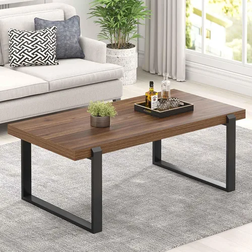 Vista 13 de FOLUBAN Mesa de café negra, mesa central moderna de madera y metal industrial, mesa rectangular de cóctel y té para sala de estar, 47 pulgadas