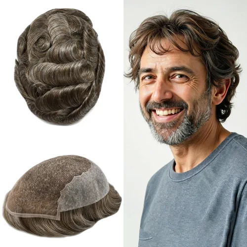 Vista 465 de Toupee - Sistemas de reemplazo de cabello para hombre, encaje frontal suizo, nudo blanqueado, pieza de cabello humano natural