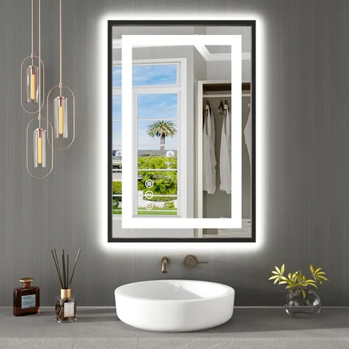 Vista 34 de Amorho Espejo de baño LED de 20 x 28 pulgadas con marco negro, luz frontal y retroiluminación, regulable continuamente, antivaho, a prueba