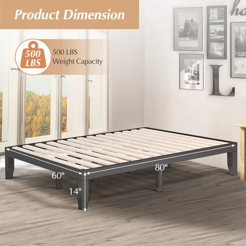 Vista 84 de COSTWAY Marco de cama de plataforma tamaño King, base de colchón de madera de goma maciza de 14 pulgadas con soporte de listones resistentes, marco