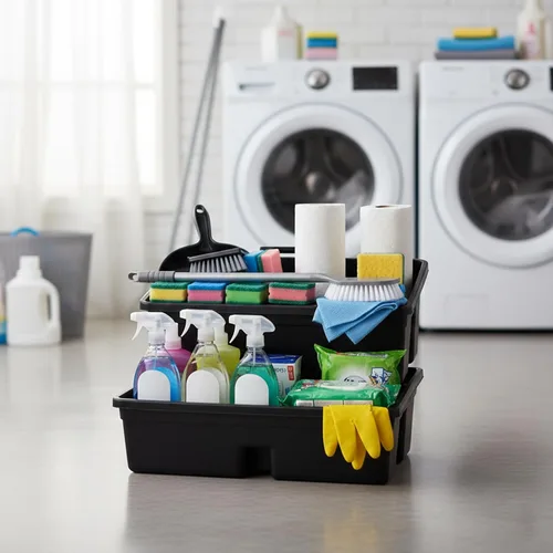 Vista 10 de Cesta de limpieza de plástico con 3 compartimentos – Cubo organizador de herramientas de plástico apilable de calidad comercial grande con asa