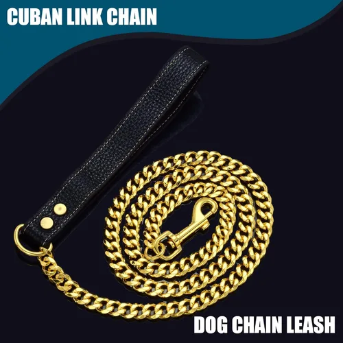 Vista 7 de Correa de cadena dorada para perro de 0.472 pulgadas de ancho, correa de acero inoxidable dorado con eslabones cubanos con mango de cuero