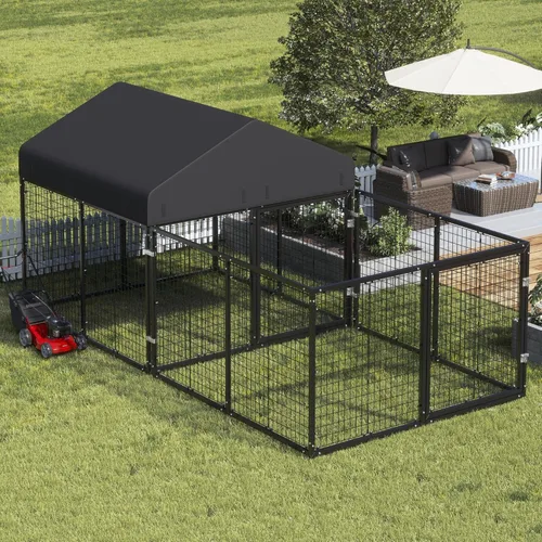 Vista 8 de Gran recinto para perros al aire libre, jaula resistente con techo, valla de acero galvanizado para perreras con doble cerradura de seguridad