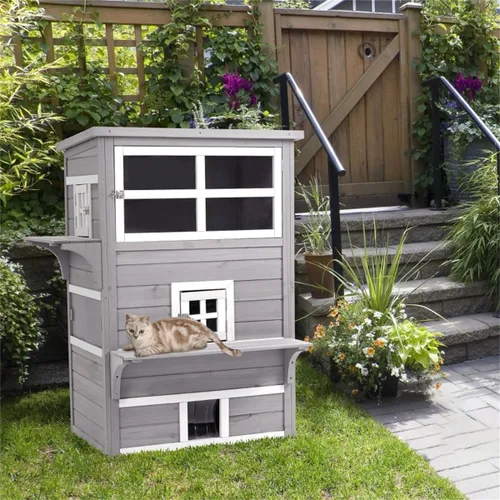 Cat House with Asphalt Roof for Indoor Outdoor Use, Fir Wood Construction, 38.5 Inch Tall Multi Level Design