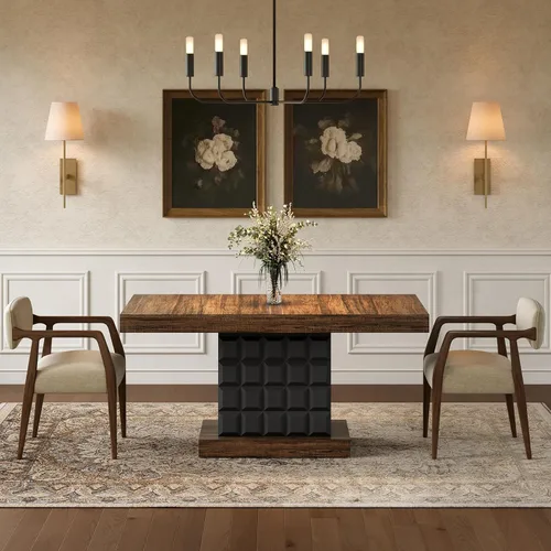 Vista 3 de LITTLE TREE Mesa de comedor moderna de 63 pulgadas, mesa rectangular para 4-6, mesa de cocina de granja, base de pedestal de madera resistente