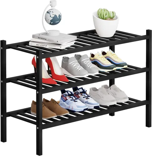 Vista 20 de Zapatero de bambú de 2 niveles para armario, organizador multifuncional apilable de pie para espacios pequeños, entrada, pasillo, baño, 27 x 11 x 13