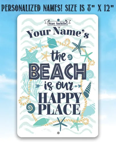 Vista 8 de Personalized - The Beach is Our Happy Place - Custom Beach House Decor, Sea Shells Front Beach Display, Surf Camp Wall Accessories and Gift Idea