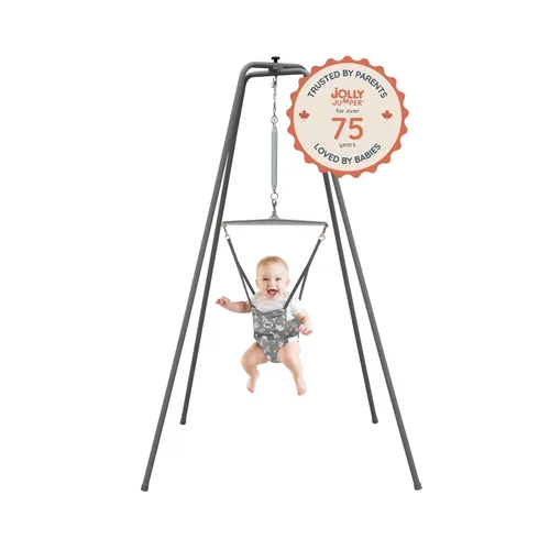 Vista 3 de Jolly Jumper Elite (Grey Safari) Ejercitador para Bebé - Marco Resistente, Saltador para Bebé con Soporte de 6 Pies de Alto, Asiento de Sillín