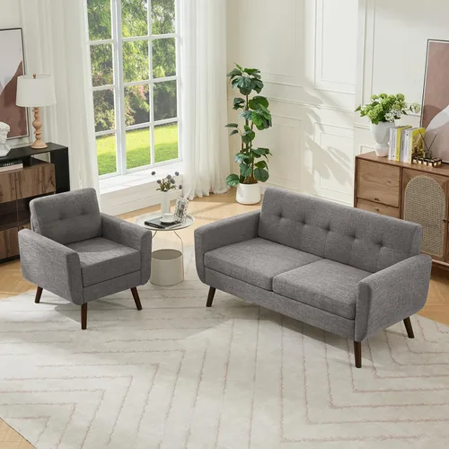 Vista 9 de Tbfit Sofá individual de tela de lino, silla de acento, sillón moderno de mediados de siglo para sala de estar, dormitorio, tapizado con botones