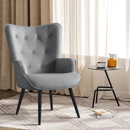 Vista 9 de Furnimart Silla decorativa beige, silla moderna de mitad de siglo para sala de estar con estructura de madera, silla de alas cómoda para oficina