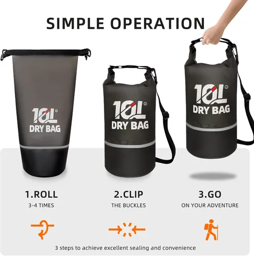 Vista 4 de Bolsa seca impermeable para mujeres y hombres, bolsa de almacenamiento ligera enrollable de 10 L, mochila reflectante con bolsa impermeable