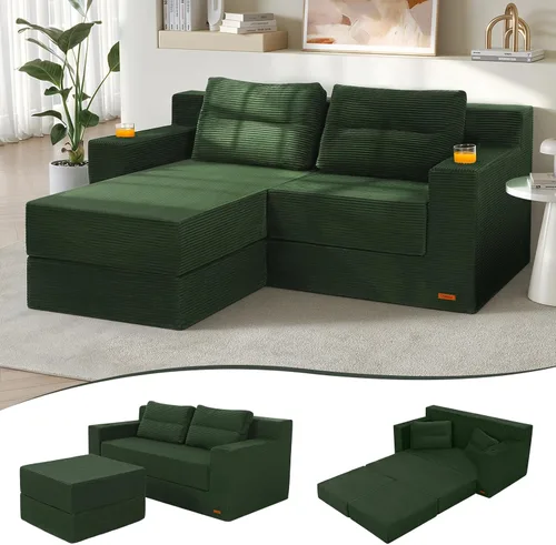 Vista 31 de COMAX Sofá cama futón de 3 plazas, sofá cama convertible de 106 pulgadas para sala de estar, sofá cama plegable 4 en 1 sin hueso, sofá de pana