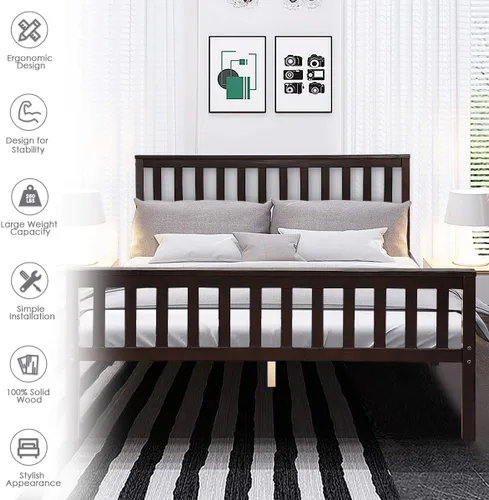 Vista 5 de Giantex Base de cama de plataforma Queen, marco de cama de madera maciza de lujo con cabecero y estribo, base de colchón de soporte de listones